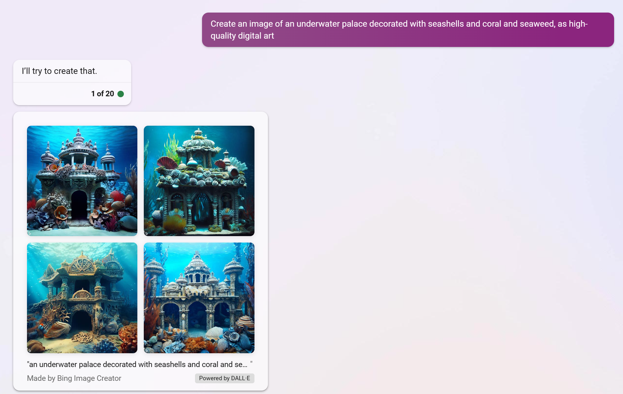 Imagen de un chat de Bing mostrando un palacio submarino