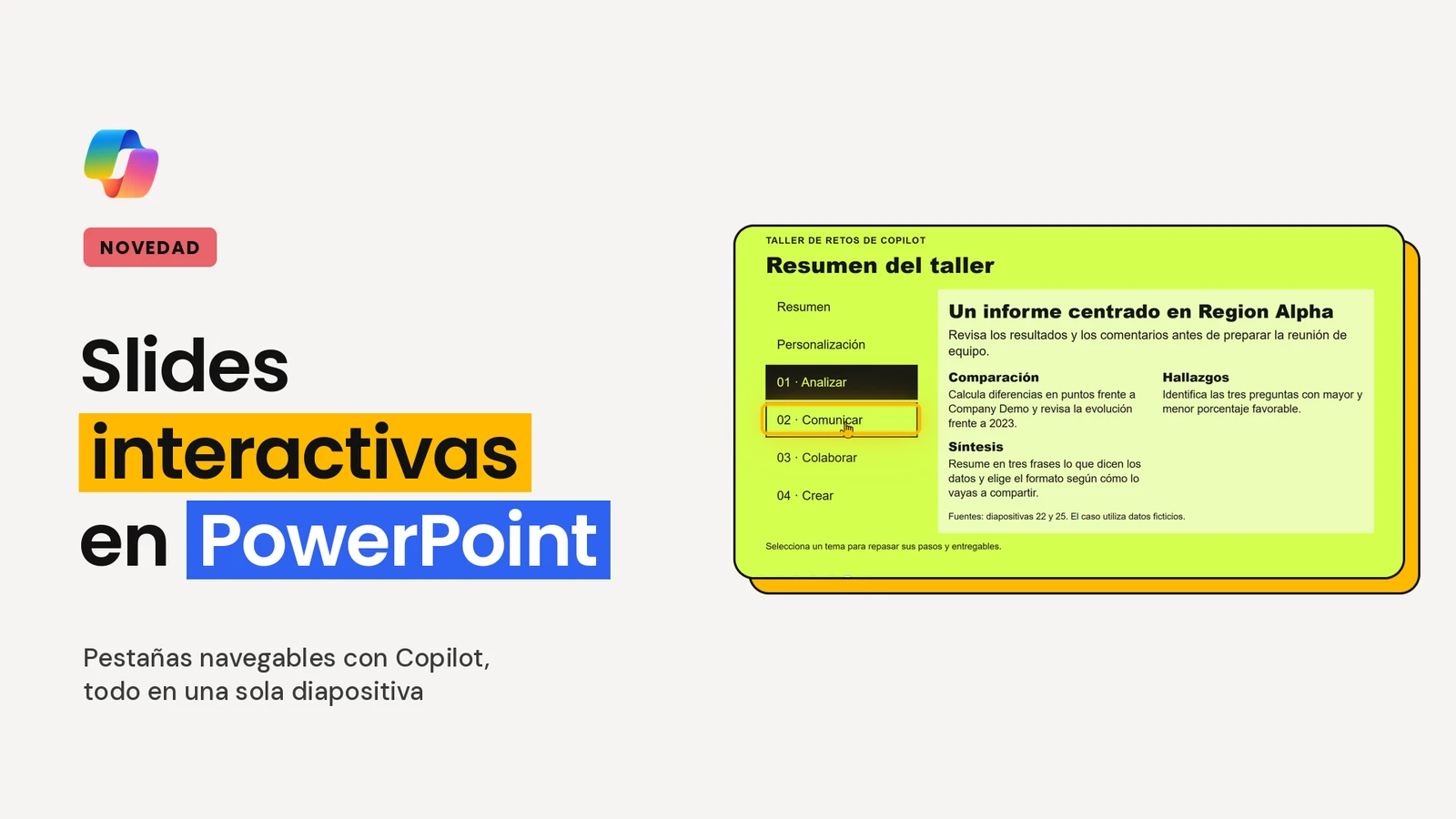 Portada con el texto Slides interactivas en PowerPoint y una diapositiva verde con un resumen del taller y pestañas para navegar por él